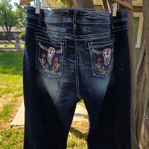 Flamingo Flamingal Bull Skull Embroidery Mid-Waist Bootcut Jeans Blue Denim 4X